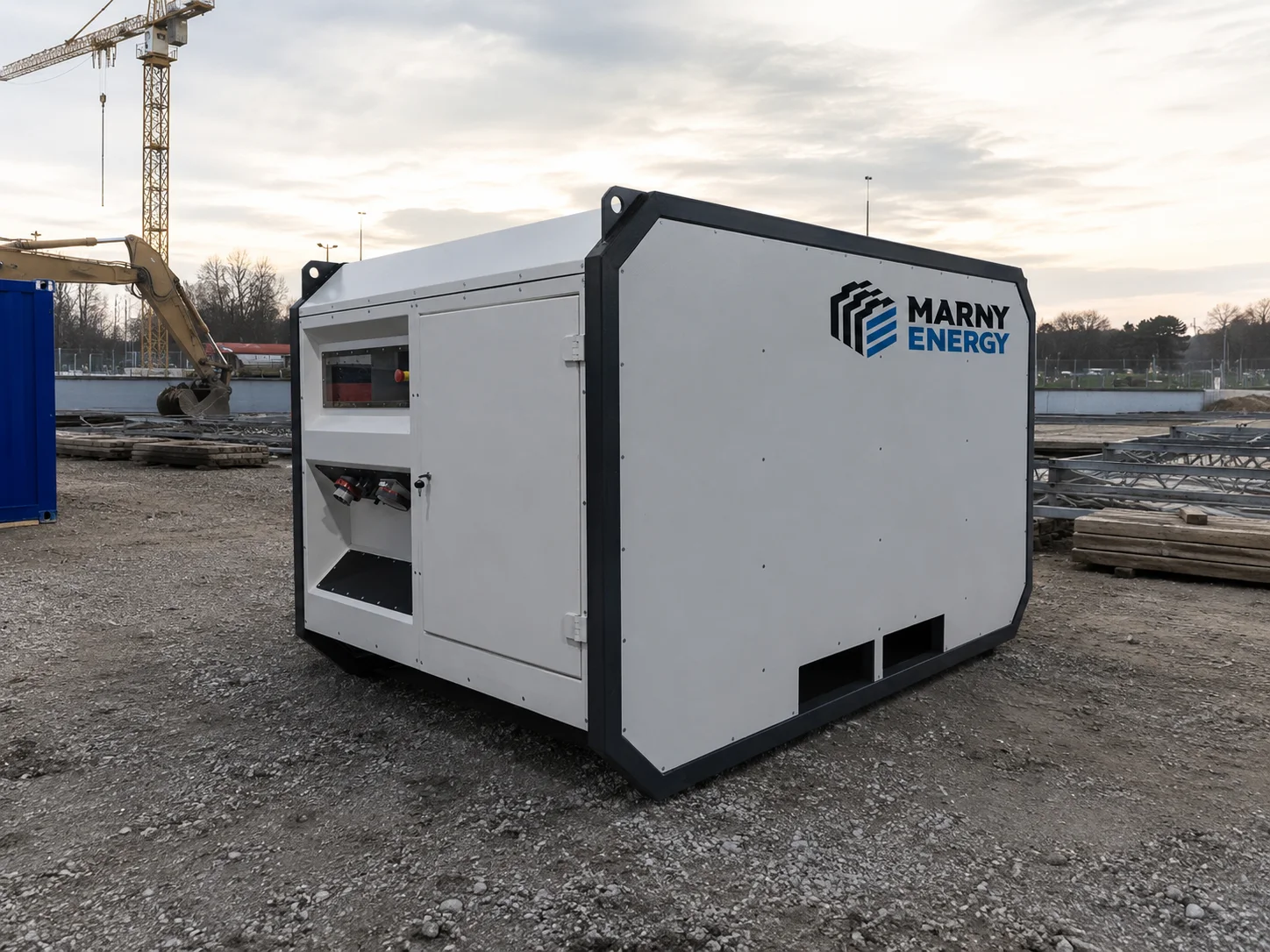 The GAB, Marny Energy’s mobile unit, standing on a construction site: white casing with reinforced edges, access door, power outlets and control panel